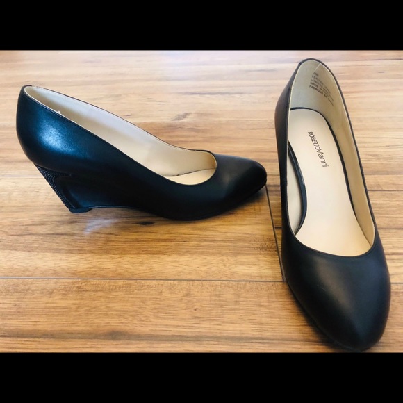 Roberto Vianni Leather Black Wedge Heels-sz 8 - Picture 3 of 3